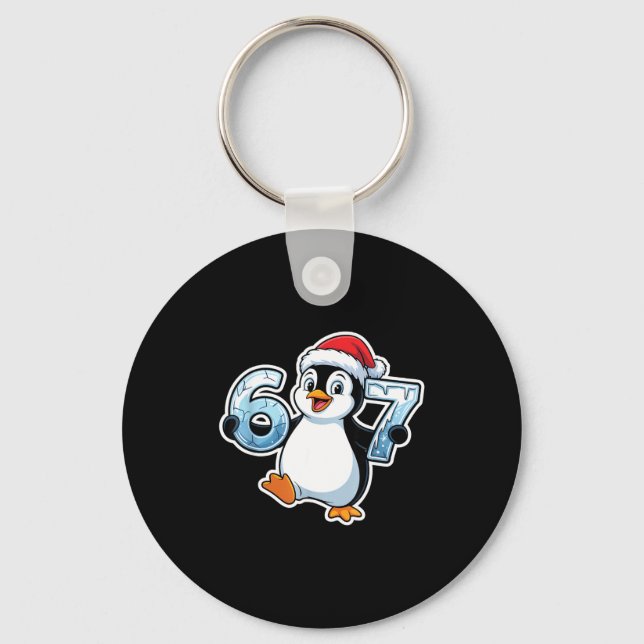 67 Christmas Penguin Santa Hat Birthday Holiday  Keychain (Front)