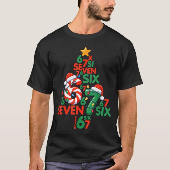 67 Christmas Tree Candy Cane Holiday Six Seven Mem T-Shirt (Front)
