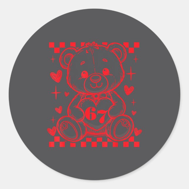 67 Cute Heart Teddy Bear Valentine's Day Six Seven Classic Round Sticker (Front)