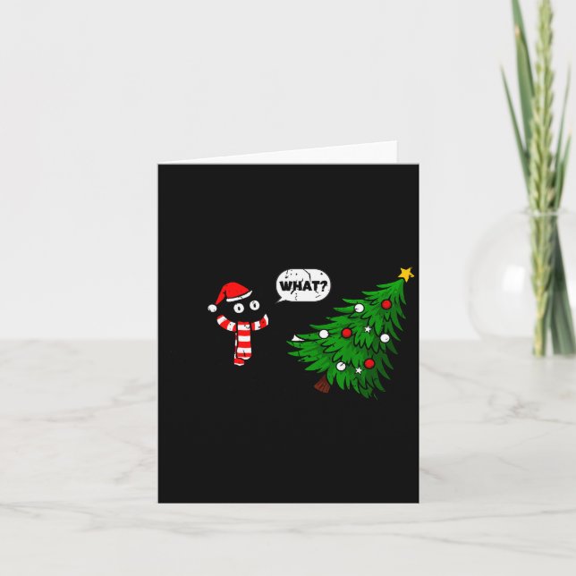 67 Funny Black Cat Pushing Christmas Tree Over Cat Card (Front)