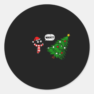 67 Funny Black Cat Pushing Christmas Tree Over Cat Classic Round Sticker