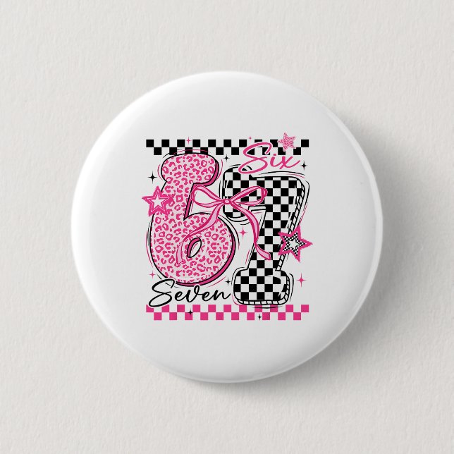 67 Leopard Checkered Funny Six Seven Meme 6-7 Teac 2 Inch Round Button (Front)