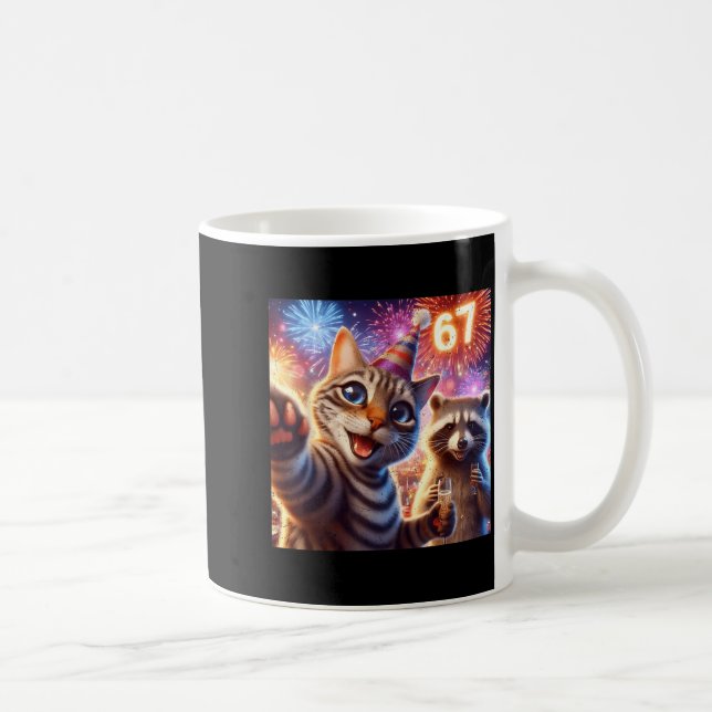 67 Meme Cat Raccoon New Year Selfie Funny Birthday Coffee Mug (Right)