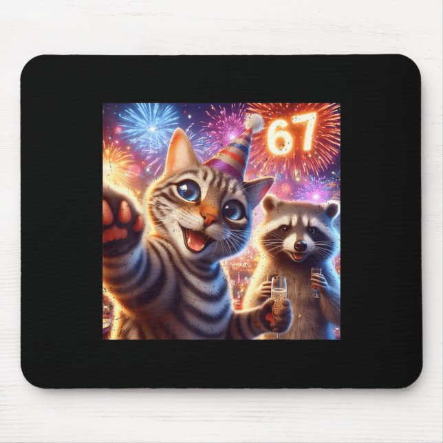 67 Meme Cat Raccoon New Year Selfie Funny Birthday Mouse Pad (Front)