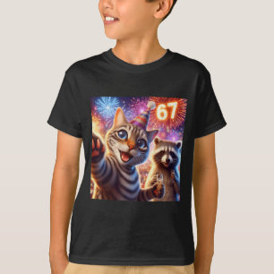 67 Meme Cat Raccoon New Year Selfie Funny Birthday T-Shirt