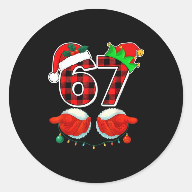 67 Meme Funny Christmas Red Plaid Xmas Pajamas Sla Classic Round Sticker (Front)