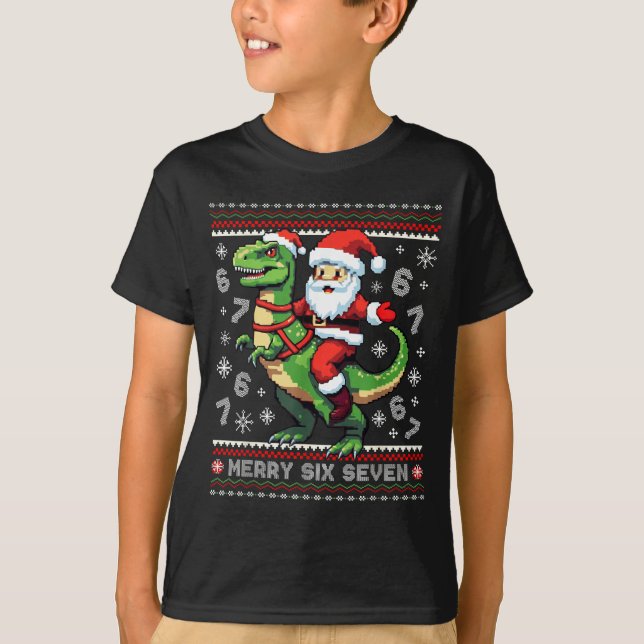 67 Merry Six Seven Santa T Rex Funny Ugly Christma T-Shirt (Front)