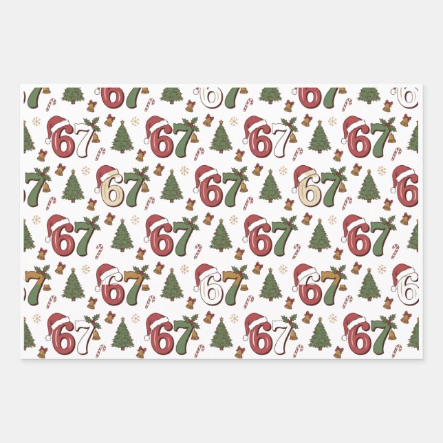67 Santa Hat Christmas Six Seven Funny Sayings Wrapping Paper Sheet (Front)