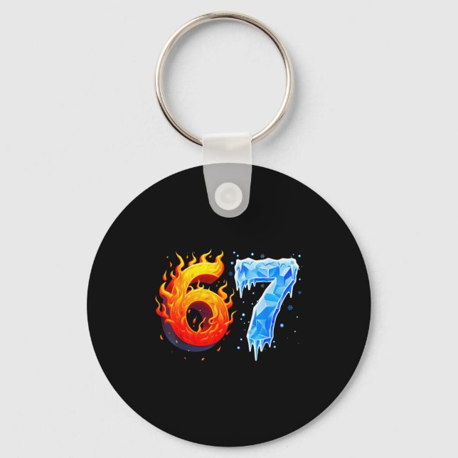 67 Six Seven 6-7 Flaming Ice Funny Teen Kids Brain Keychain (Front)