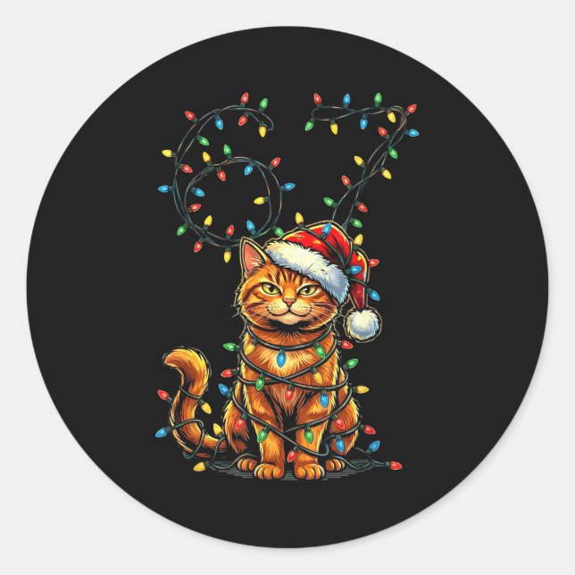 67 Tabby Orange Cat Christmas Santa Hat Six Seven  Classic Round Sticker (Front)