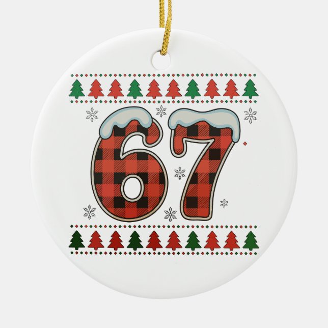 67 Ugly Christmas Xmas Red Buffalo Plaid Holiday Ceramic Ornament (Front)