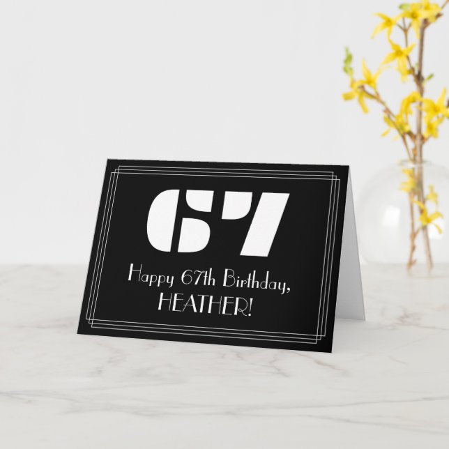 67th Birthday: Art Deco Inspired Look "67" & Name Card (Yellow Flower)