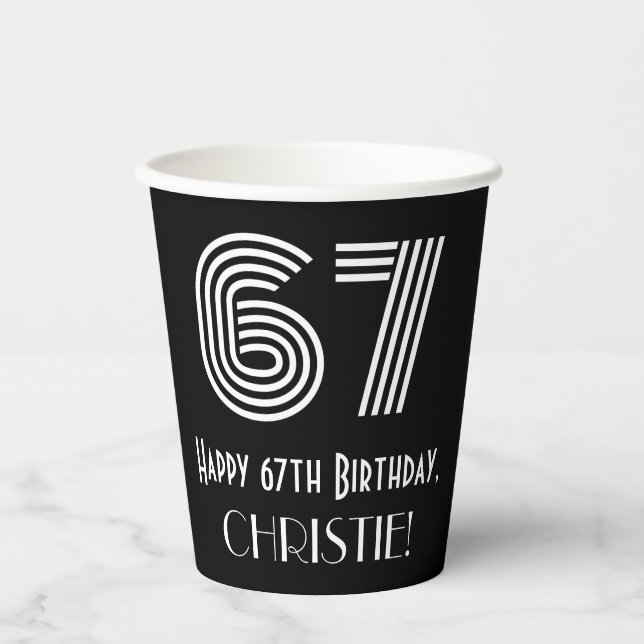 67th Birthday — Art Deco Inspired Look “67” + Name Paper Cups (Front)