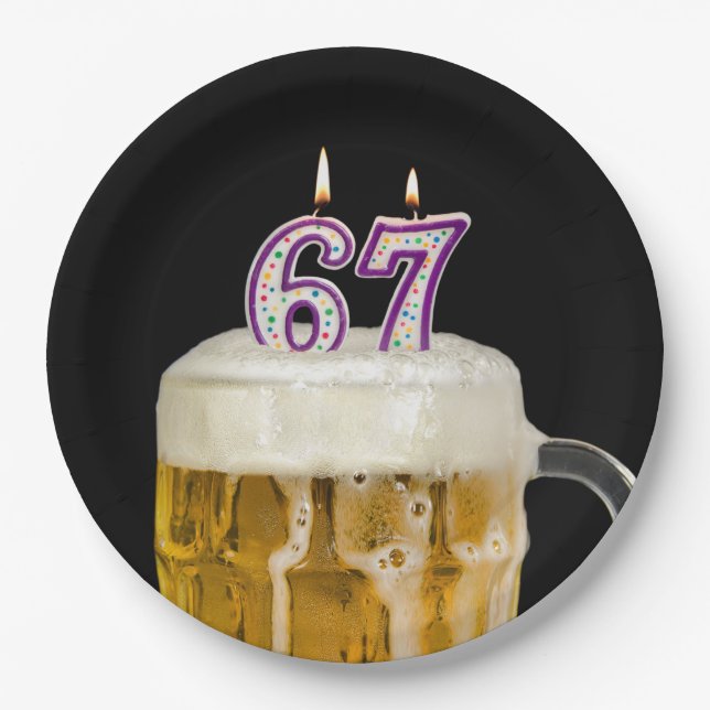 67th Birthday Beer on black Paper Plate (Front)