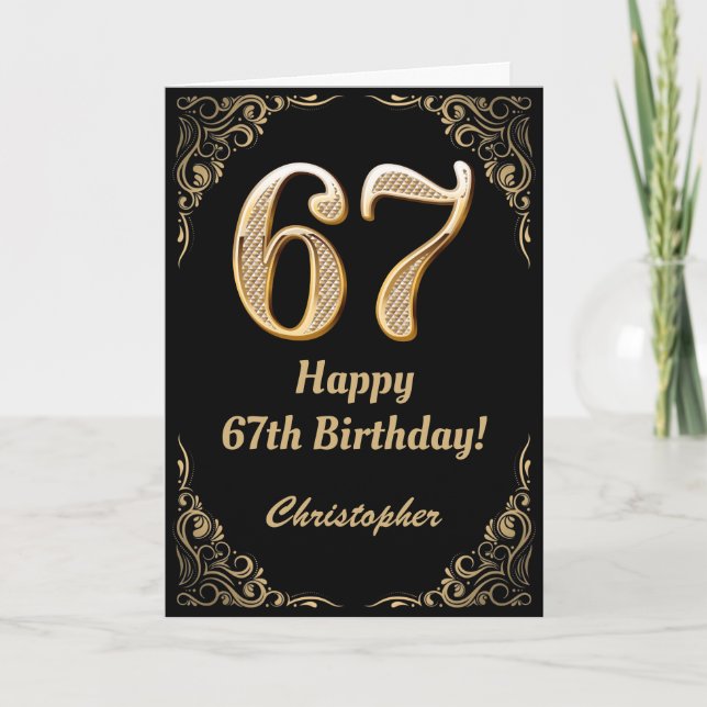 67th Birthday Black and Gold Glitter Frame Card (Front)