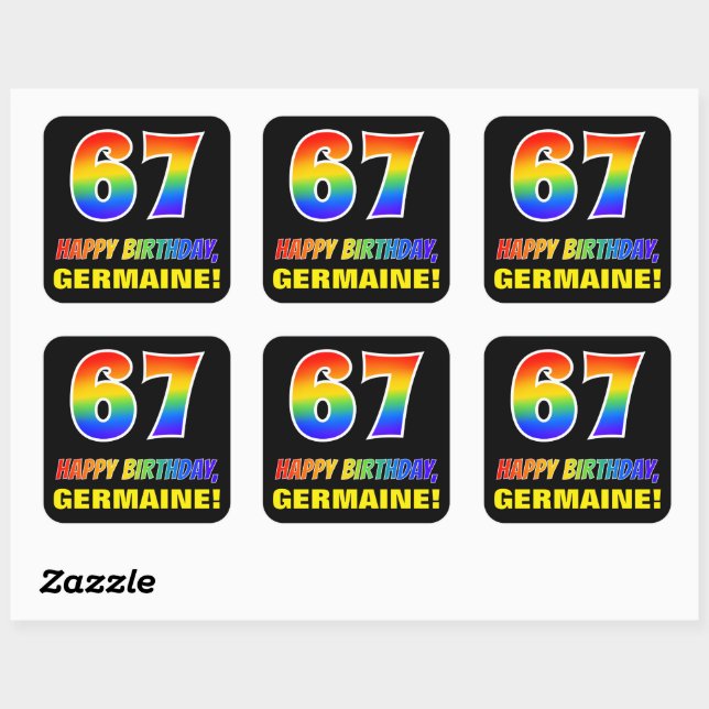 67th Birthday: Bold, Fun, Simple, Rainbow 67 Square Sticker (Sheet)