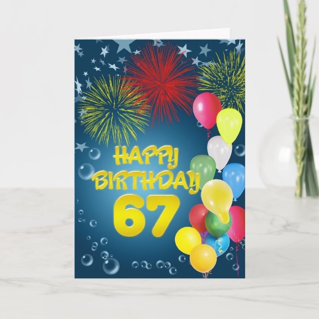67th Birthday card with fireworks and balloons (Front)