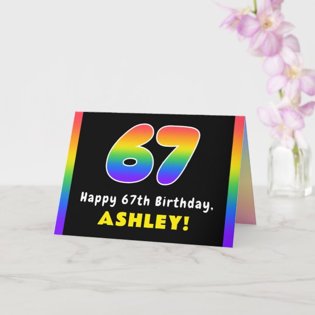 67th Birthday: Colourful Rainbow # 67, Custom Name Card (Orchid)