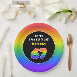 67th Birthday: Colourful Rainbow # 67, Custom Name Paper Plate