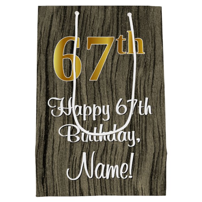 67th Birthday: Elegant Faux Gold Look #, Faux Wood Medium Gift Bag (Back)