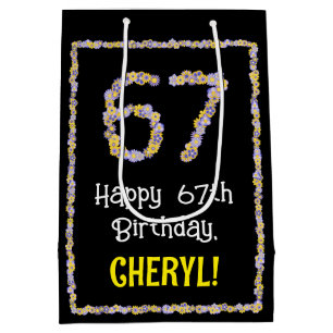 67th Birthday: Floral Flowers Number, Custom Name Medium Gift Bag