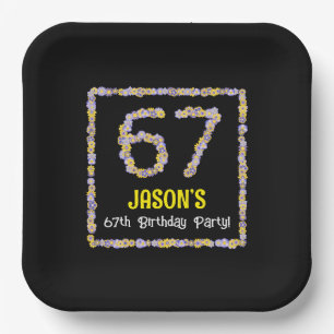 67th Birthday: Floral Flowers Number, Custom Name Paper Plate