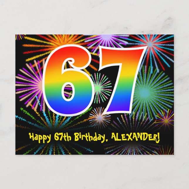 67th Birthday – Fun Fireworks Pattern + Rainbow 67 Postcard (Front)