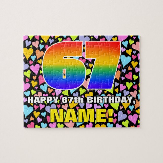 67th Birthday — Fun, Loving Heart Shapes + “67” Jigsaw Puzzle (Horizontal)
