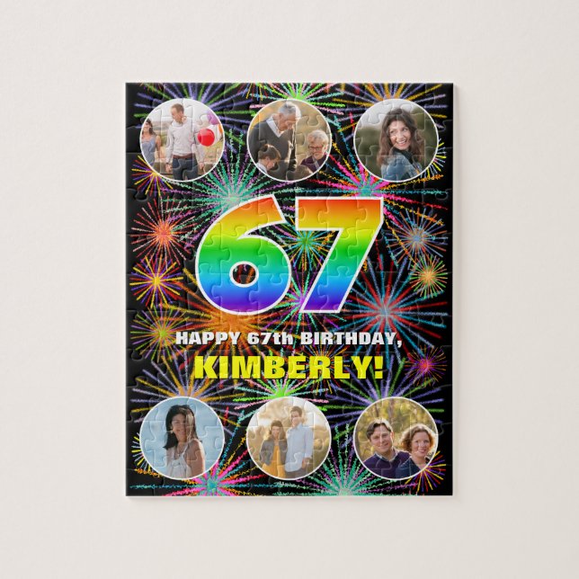 67th Birthday: Fun Rainbow #, Custom Name + Photos Jigsaw Puzzle (Vertical)