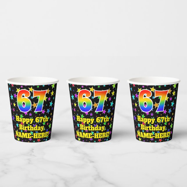 67th Birthday: Fun Stars Pattern and Rainbow 67 Paper Cups (Multi)