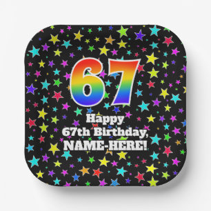 67th Birthday: Fun Stars Pattern and Rainbow “67” Paper Plate