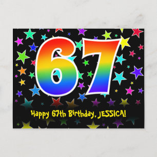 67th Birthday: Fun Stars Pattern, Rainbow 67, Name Postcard