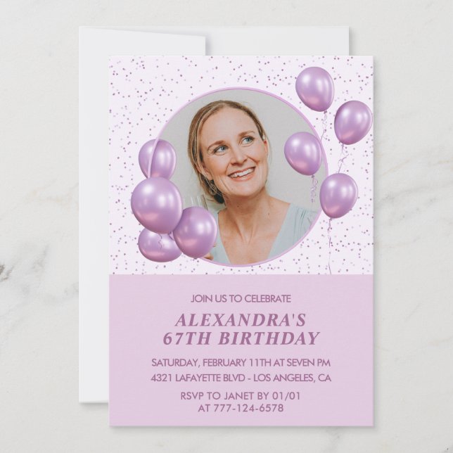 67th birthday invitations Photo Purple Balloons  (Front)