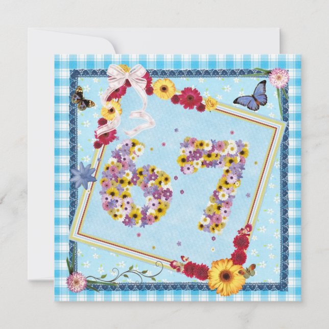 67th Birthday party Invitation flowers,butterflies (Front)