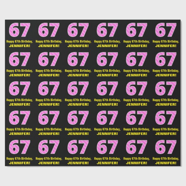 67th Birthday: Pink Stripes and Hearts "67" + Name Wrapping Paper (Flat)