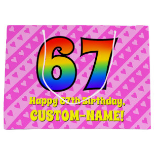 67th Birthday: Pink Stripes & Hearts, Rainbow # 67 Large Gift Bag