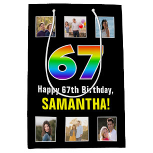 67th Birthday: Rainbow “67“, Custom Photos & Name Medium Gift Bag