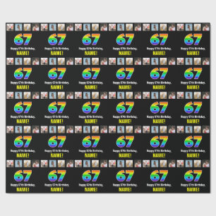 67th Birthday: Rainbow “67“; Custom Photos & Name Wrapping Paper