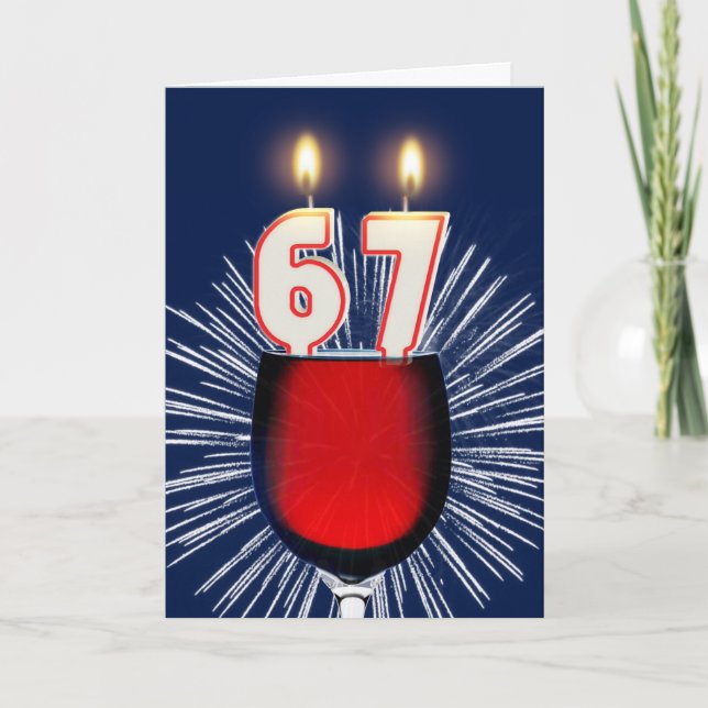67th Birthday with wine and candles Card (Front)