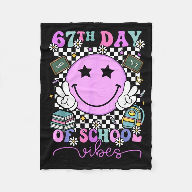 67th Day Of School Vibes Groovy Retro 100 Days Of  Fleece Blanket (Front)
