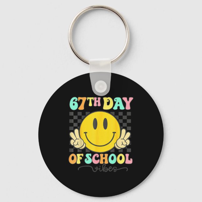 67th Day Of School Vibes Groovy Smile Face 67 Six  Keychain (Front)