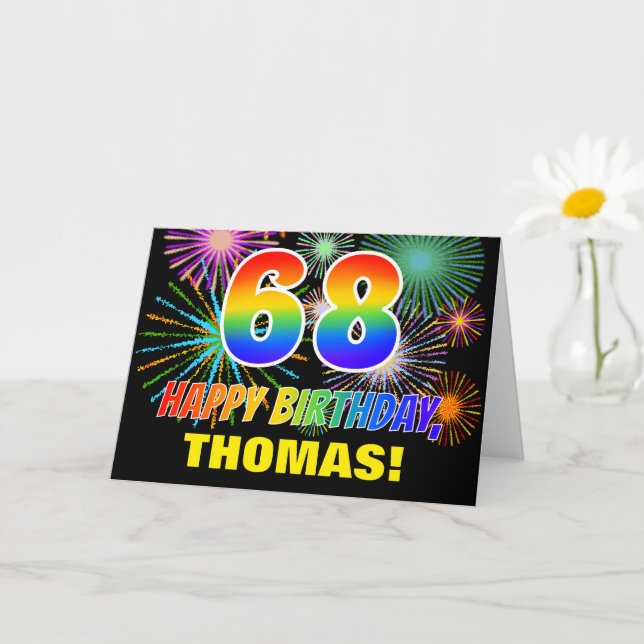 68th Birthday: Bold, Fun, Fireworks, Rainbow 68 Card (Small Plant)