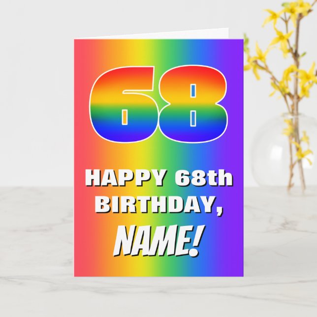 68th Birthday: Colourful, Fun Rainbow Pattern # 68 Card (Yellow Flower)