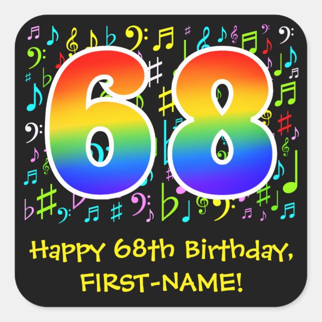 68th Birthday: Colourful Music Symbols, Rainbow 68 Square Sticker (Front)