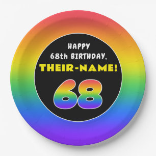 68th Birthday: Colourful Rainbow # 68, Custom Name Paper Plate