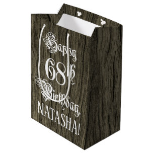 68th Birthday: Fancy, Faux Wood Look + Custom Name Medium Gift Bag