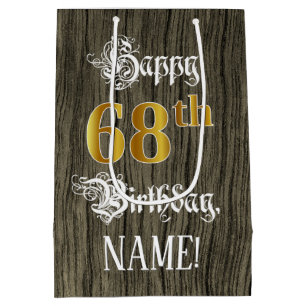68th Birthday: Faux Gold Look & Faux Wood Pattern Medium Gift Bag