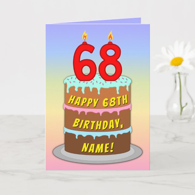 68th Birthday — Fun Cake & Candles, w/ Custom Name Card (Small Plant)
