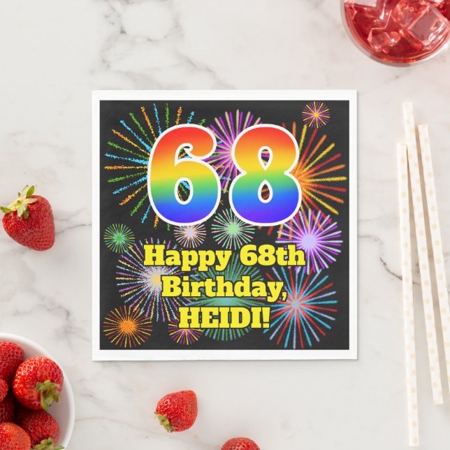 68th Birthday: Fun Fireworks Pattern + Rainbow 68 Napkin (Insitu)