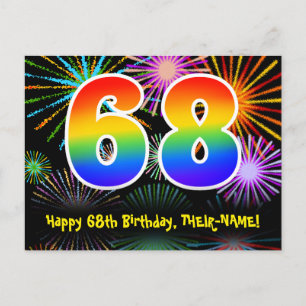 68th Birthday – Fun Fireworks Pattern + Rainbow 68 Postcard